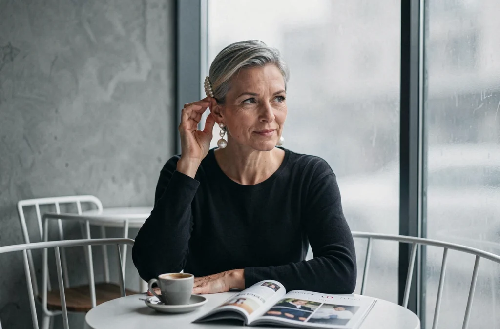 Femme mature portant des boucles d'oreilles en perles et une barrette ornée dans un café minimaliste, style accessoires perles élégants