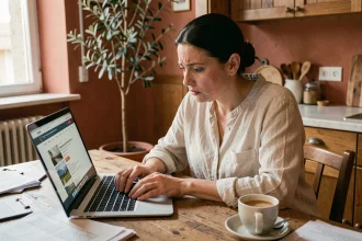 Femme vérifiant une annonce immobilière italienne sur son ordinateur portable, illustrant les risques d'un achat à distance en Italie