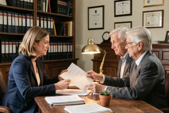 Une femme quadragénaire signe un contrat viager avec un couple de personnes âgées chez un notaire