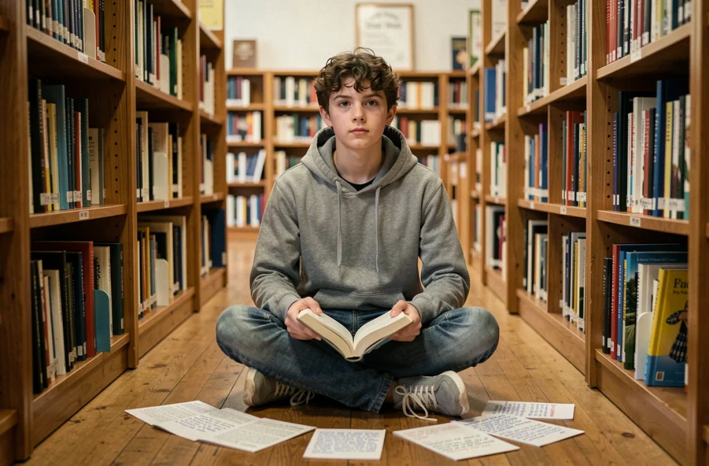 Adolescent révisant la conjugaison et le participe passé de rejoindre dans une bibliothèque scolaire