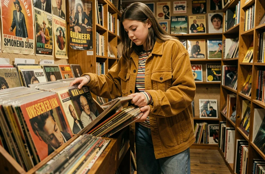 Adolescente portant une veste oversize en velours côtelé camel dans une boutique de disques vintage aux tons chaleureux