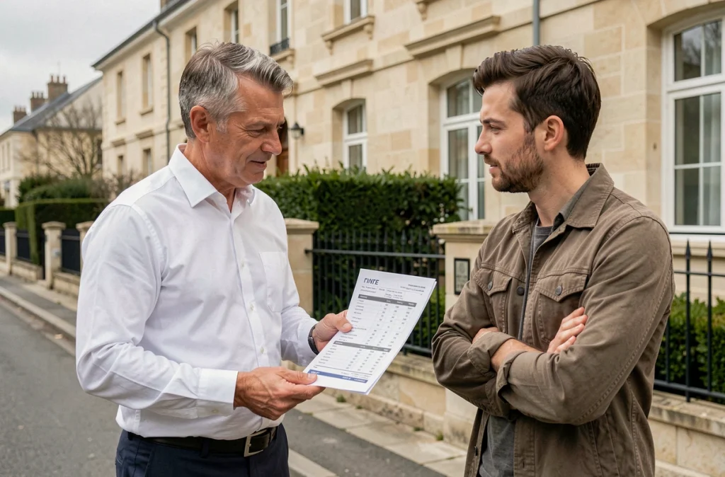Agent immobilier expliquant les frais de notaire à un acquéreur devant une maison à vendre