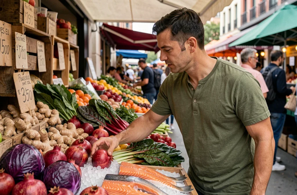 Homme choisissant des fruits et légumes anti-inflammatoires frais sur un marché en plein air avec grenade, chou rouge et gingembre