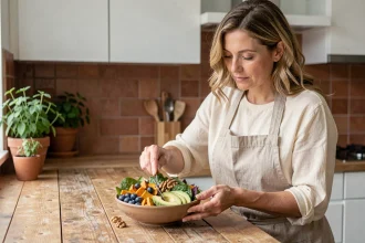 Femme préparant un bol anti-inflammatoire coloré avec des légumes rôtis au curcuma, des myrtilles et de l'avocat dans une cuisine moderne