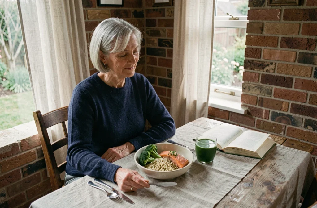 Femme âgée dégustant un repas anti-inflammatoire complet au saumon, quinoa et brocolis dans un intérieur cosy avec livre sur la nutrition