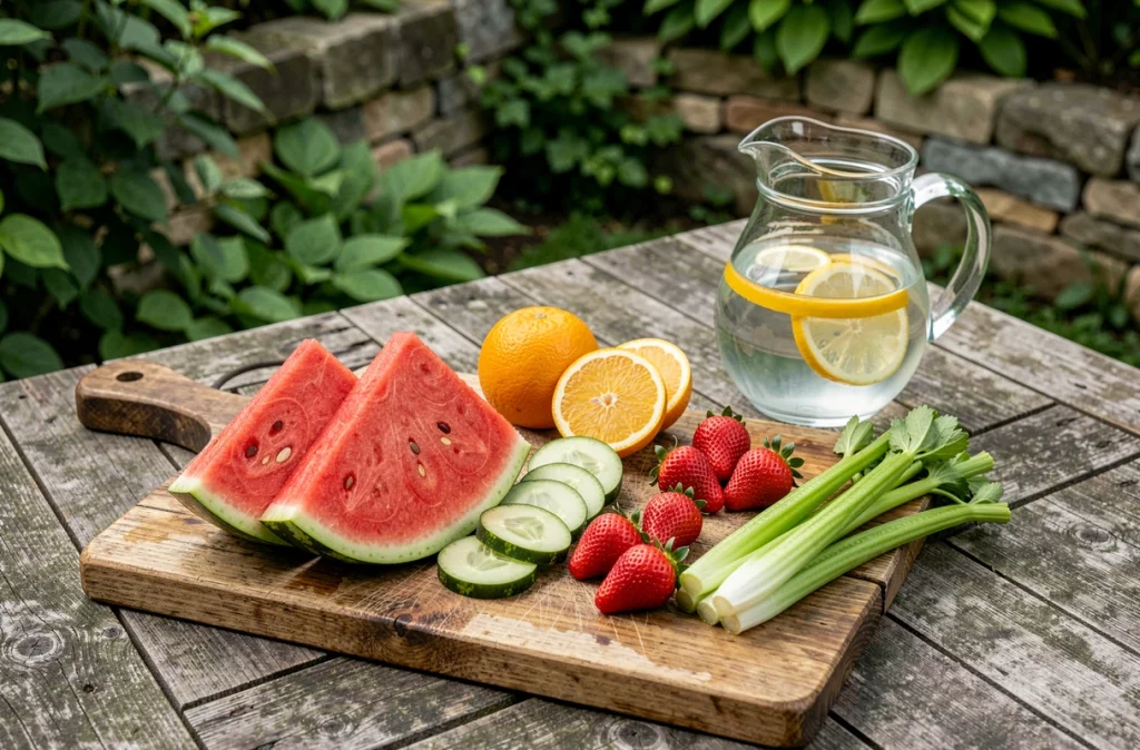 Plateau de fruits et légumes riches en eau pour renforcer l'hydratation et le système immunitaire naturellement