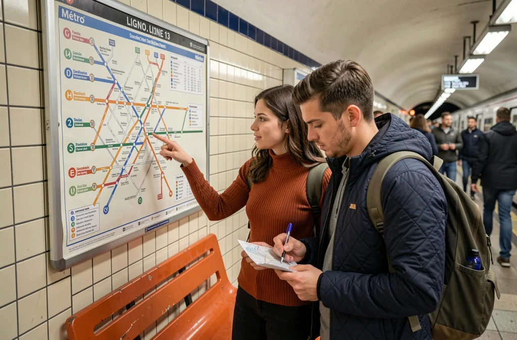 Deux amies consultant le plan du métro ligne 13 sur le quai d'une station parisienne aux carreaux blancs vintage