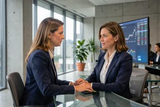 Analyste financière dans une banque centrale européenne consultant des données sur les monnaies numériques de banque centrale (MNBC) sur un écran d'ordinateur