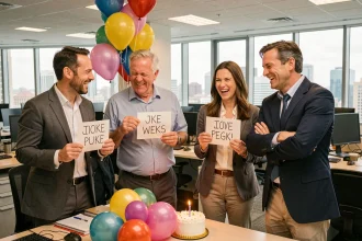 Collègues de bureau célébrant un anniversaire avec humour et pancartes rigolotes autour d'un gâteau