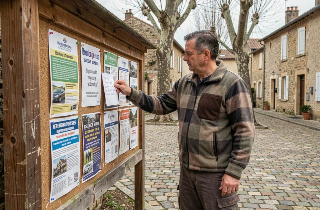 Homme affichant une annonce de covoiturage sur un panneau communautaire dans un village rural français