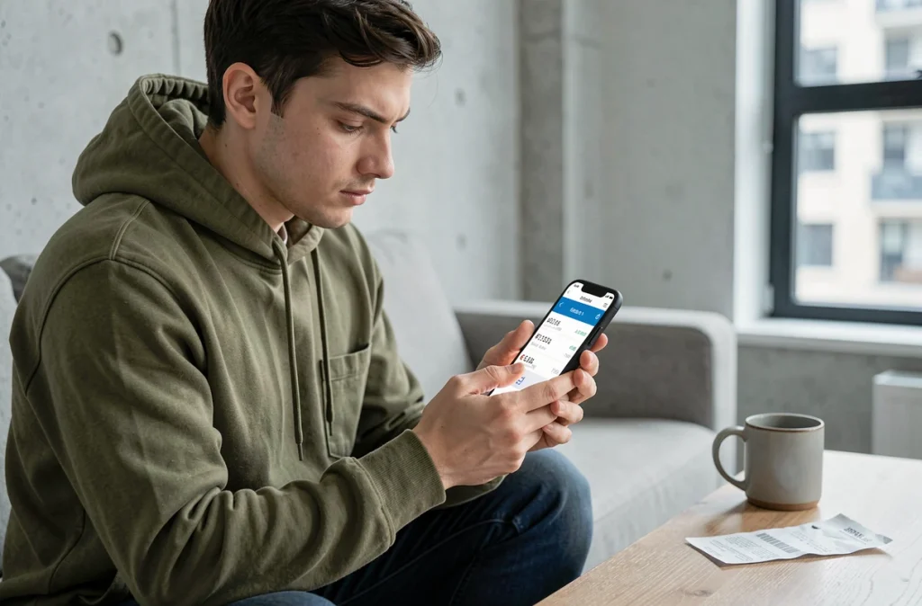 Jeune adulte utilisant une application mobile de déclaration fiscale pour cryptomonnaies, assis dans un appartement moderne avec historique de transactions visible