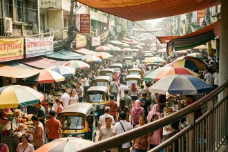 Foule dense sur un marché de rue de Bangkok illustrant la forte densité de population de la métropole thaïlandaise
