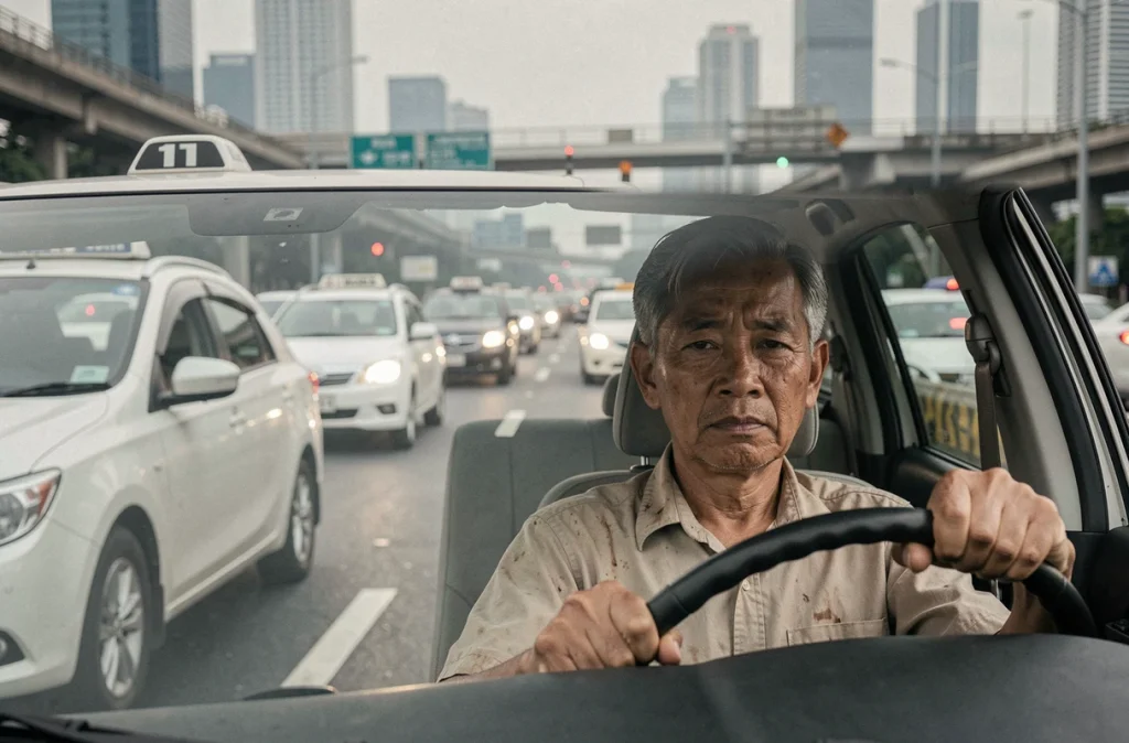 Chauffeur de taxi coincé dans les embouteillages de Bangkok symbole des problèmes de circulation dans la mégalopole