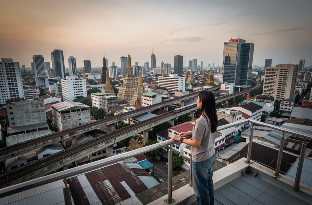 Vue panoramique depuis un toit de Bangkok montrant l'étalement urbain immense de la capitale thaïlandaise et ses millions d'habitants