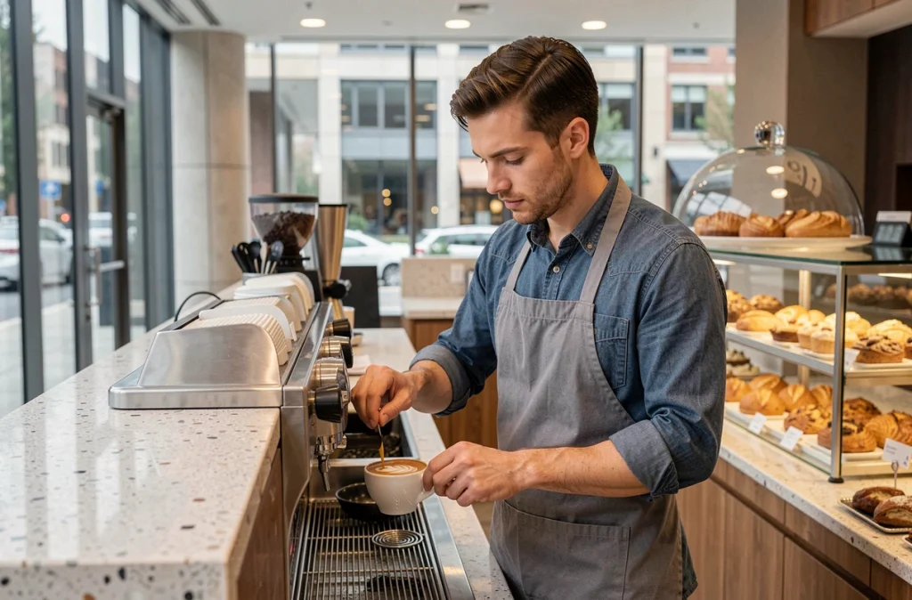 Barista préparant un latte art dans le café d'entreprise d'un siège social moderne, avec lobby en terrazzo et grandes baies vitrées en arrière-plan