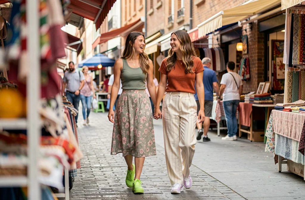Deux amies portant des baskets colorées pastel et électrique dans une rue de marché animée pour célébrer la rentrée mode