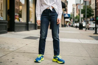 Jeune femme en jean indigo et baskets colorées cobalt et jaune fluo marchant sur un trottoir urbain lors de la rentrée