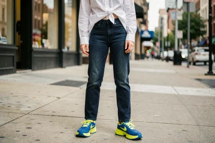 Jeune femme en jean indigo et baskets colorées cobalt et jaune fluo marchant sur un trottoir urbain lors de la rentrée