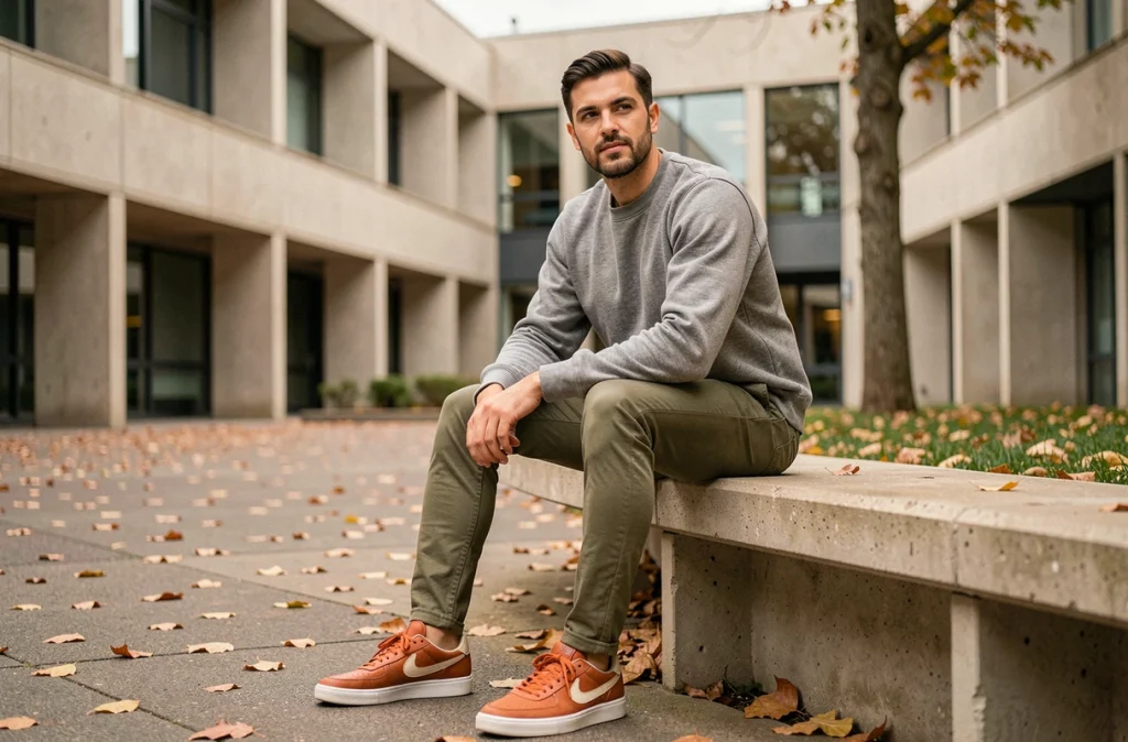 Homme assis sur un banc en béton dans une cour universitaire portant des baskets rétro terracotta et un chino olive pour la rentrée