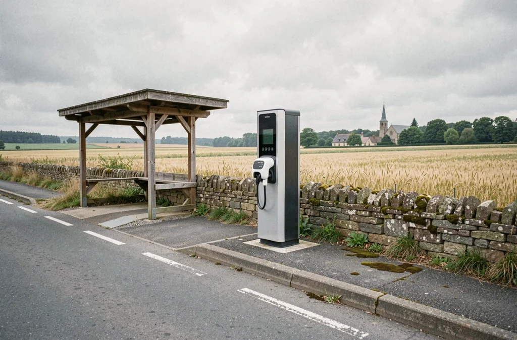 Borne de recharge électrique installée en bordure de route dans un petit village rural français avec champs et clocher en arrière-plan