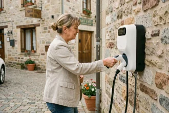 Une femme branchant un câble de recharge sur une borne électrique installée dans une place de village en pierre