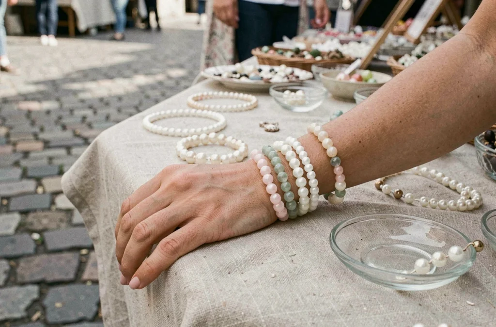 Bracelets en perles pastel sur une table de marché artisanal en plein air, tendance bijoux perles 2024