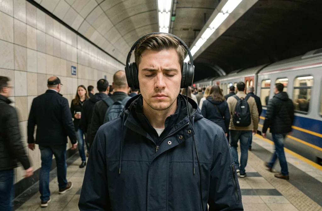 Homme avec casque anti-bruit dans le métro face aux nuisances sonores urbaines quotidiennes