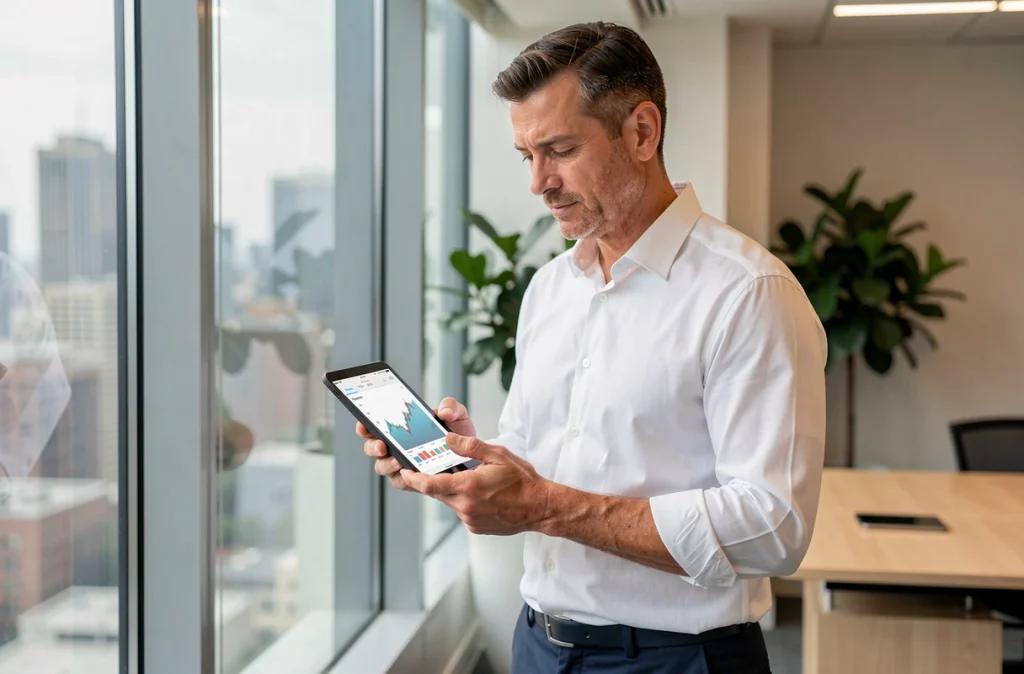 Cadre consultant des graphiques d'épargne salariale sur une tablette près d'une fenêtre avec vue urbaine