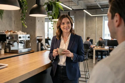 Femme souriante dans un café d'entreprise moderne tenant une tasse de café en céramique, avec plantes suspendues et machine à expresso professionnelle en arrière-plan