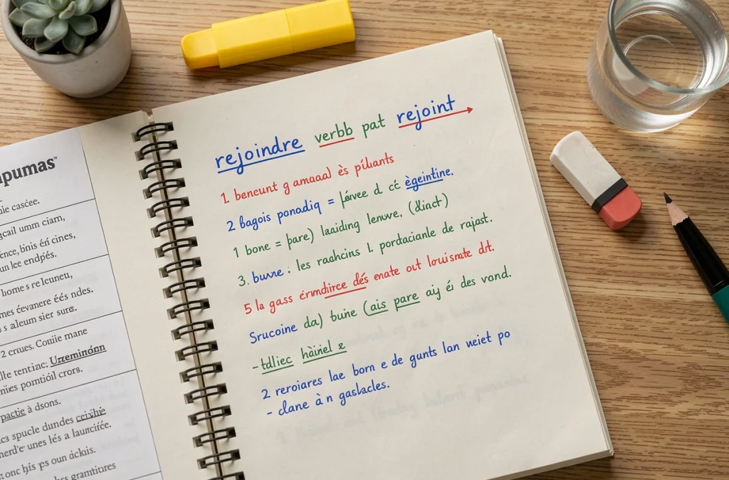 Cahier ouvert avec les notes manuscrites sur le participe passé du verbe rejoindre pour révision Brevet