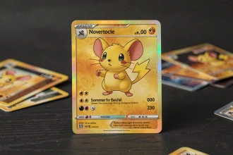 Carte Pikachu ex Étincelles Déferlantes en version holographique rare posée sur une surface en bois sombre avec reflets irisés