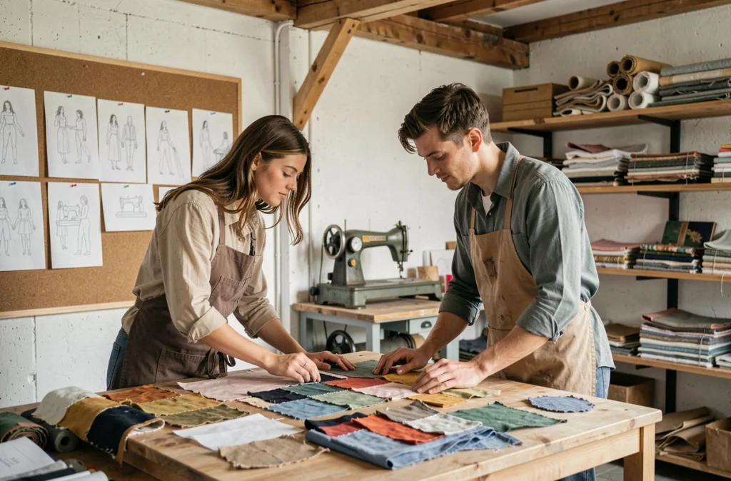 Deux jeunes créateurs français collaborant sur des patrons en tissu recyclé dans un studio de mode éthique partagé