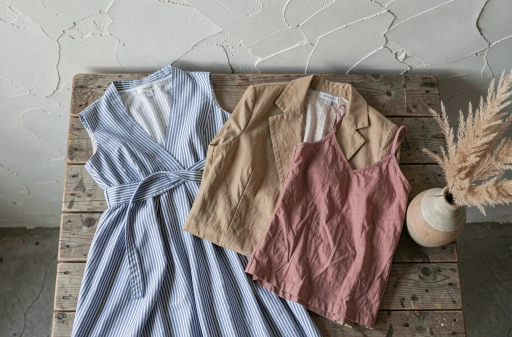 Sélection de vêtements en lin printemps-été disposés en flat lay sur bois brut avec vase en céramique