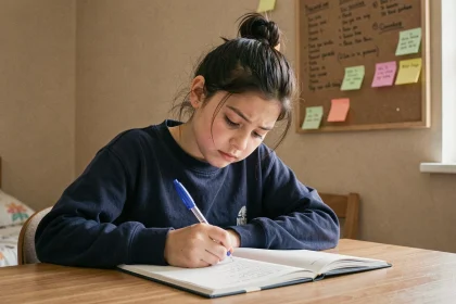 Collégienne révisant le participe passé du verbe rejoindre dans son cahier à son bureau