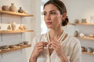 Femme portant un collier de perles artisanal dans une boutique de bijoux parisienne, tendance accessoires perles