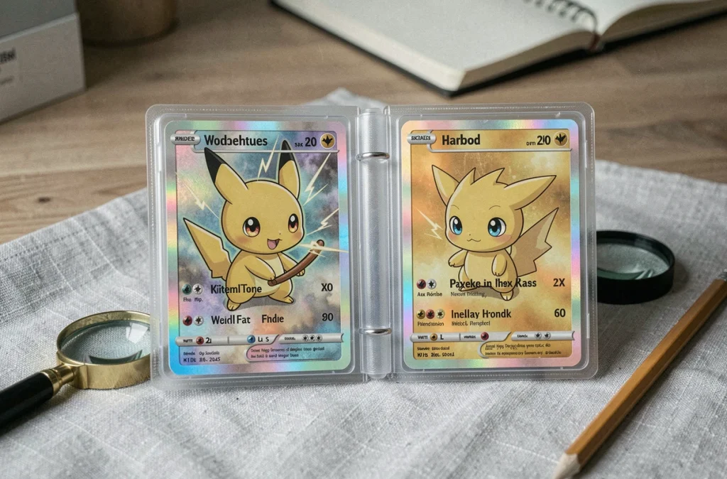 Deux cartes Pikachu ex en étui de protection comparées côte à côte dans un classeur de collectionneur avec loupe et accessoires