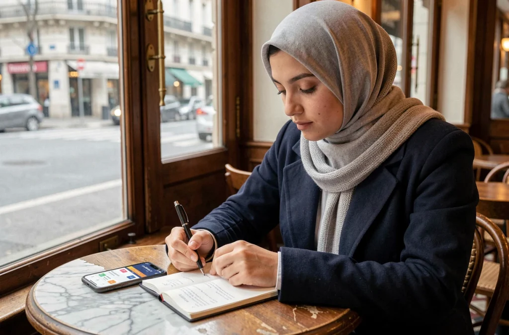 Jeune femme musulmane à Lyon consultant une application mobile de comparaison des horaires de prière entre Marseille, Lyon et Paris