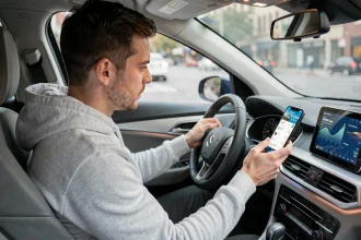 Conducteur consultant son application d'assurance auto connectée sur smartphone monté dans sa voiture