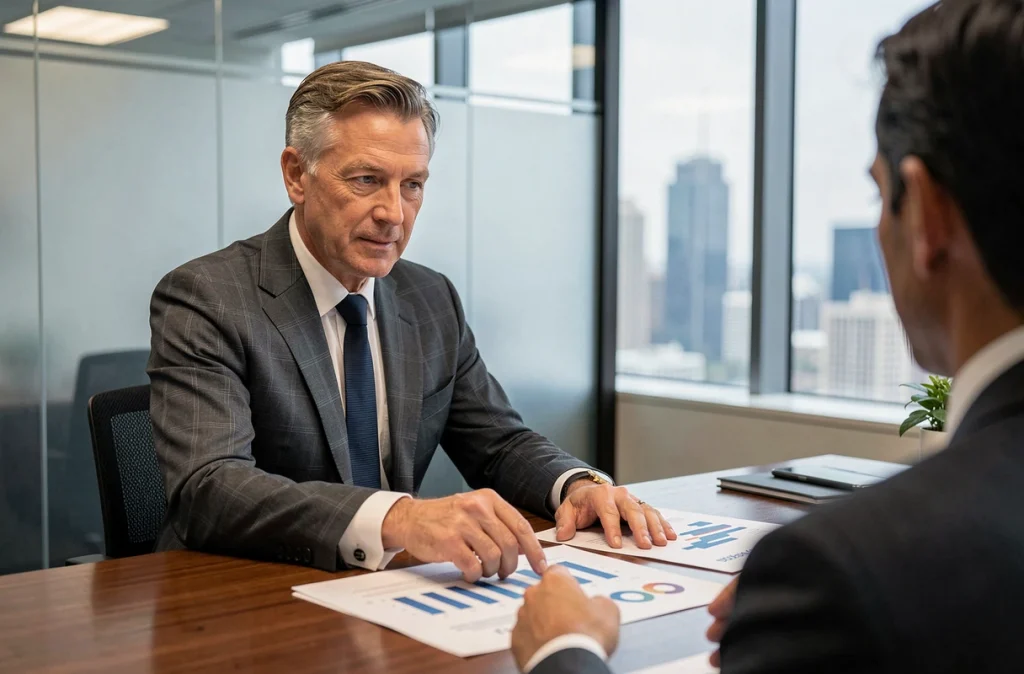 Un conseiller financier expérimenté présente des graphiques sur l'assurance-vie à un client dans un bureau professionnel, représentant le conseil en épargne et placement
