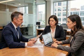 Conseiller financier présentant des documents de placement immobilier à un couple face à la hausse des taux d'intérêt