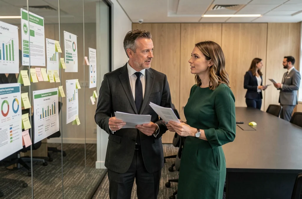 Deux conseillers financiers discutant d'une stratégie d'investissement ESG dans une salle de réunion moderne