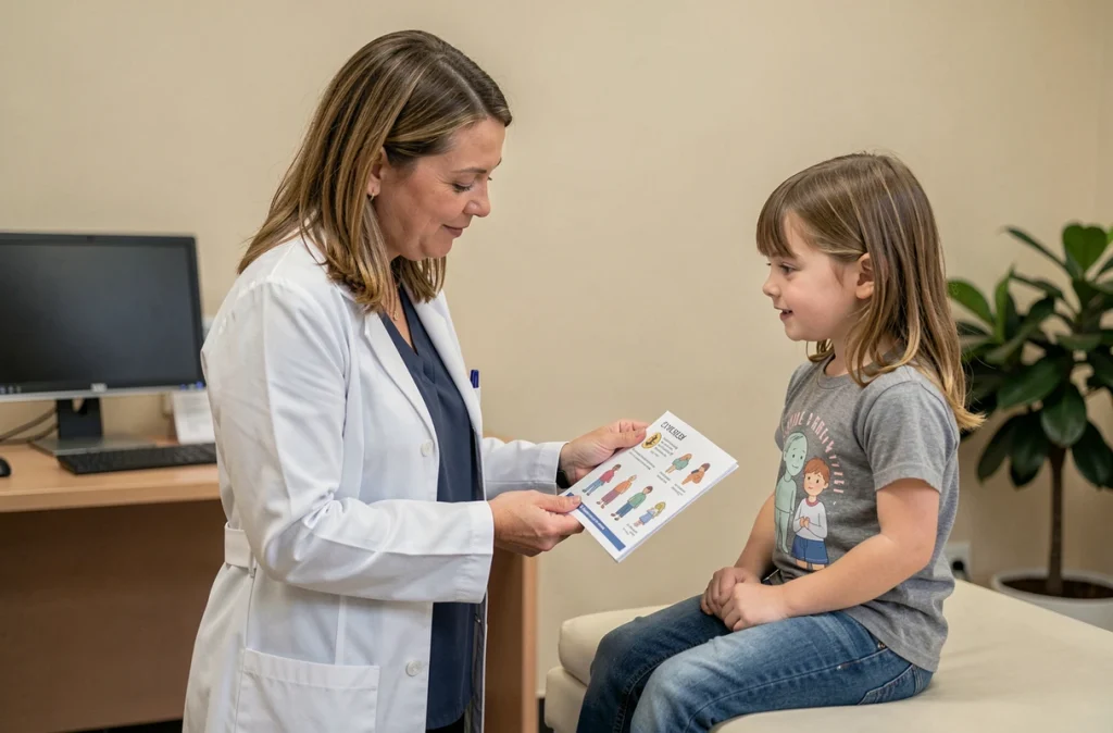 Pédiatre allergologue expliquant les allergies alimentaires à une petite fille lors d'une consultation médicale