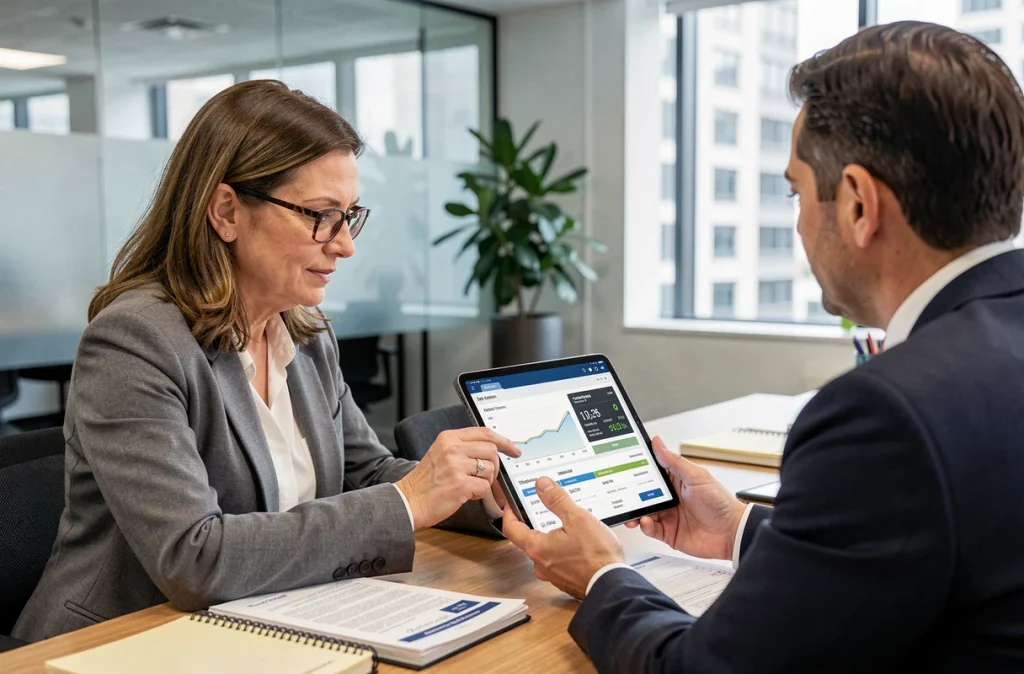 Femme en consultation avec un conseiller fiscal pour déclarer ses gains en cryptomonnaies, tous deux examinant un tableau de portefeuille sur tablette