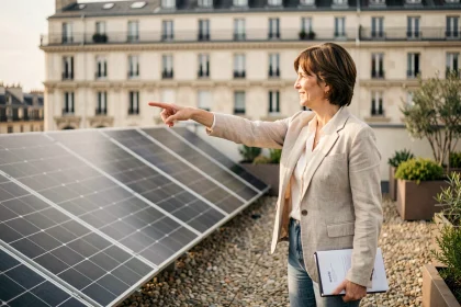 Gestionnaire de copropriété présentant des panneaux solaires installés sur le toit d'un immeuble urbain pour réduire les charges énergétiques
