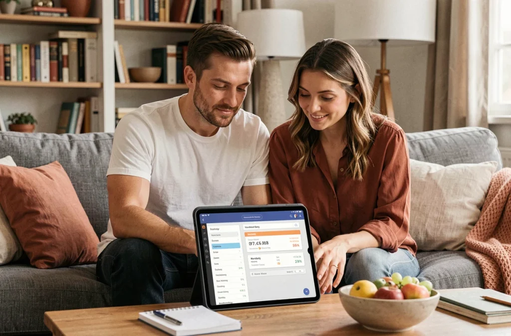 Couple consultant une application de budget partagé sur tablette dans leur salon