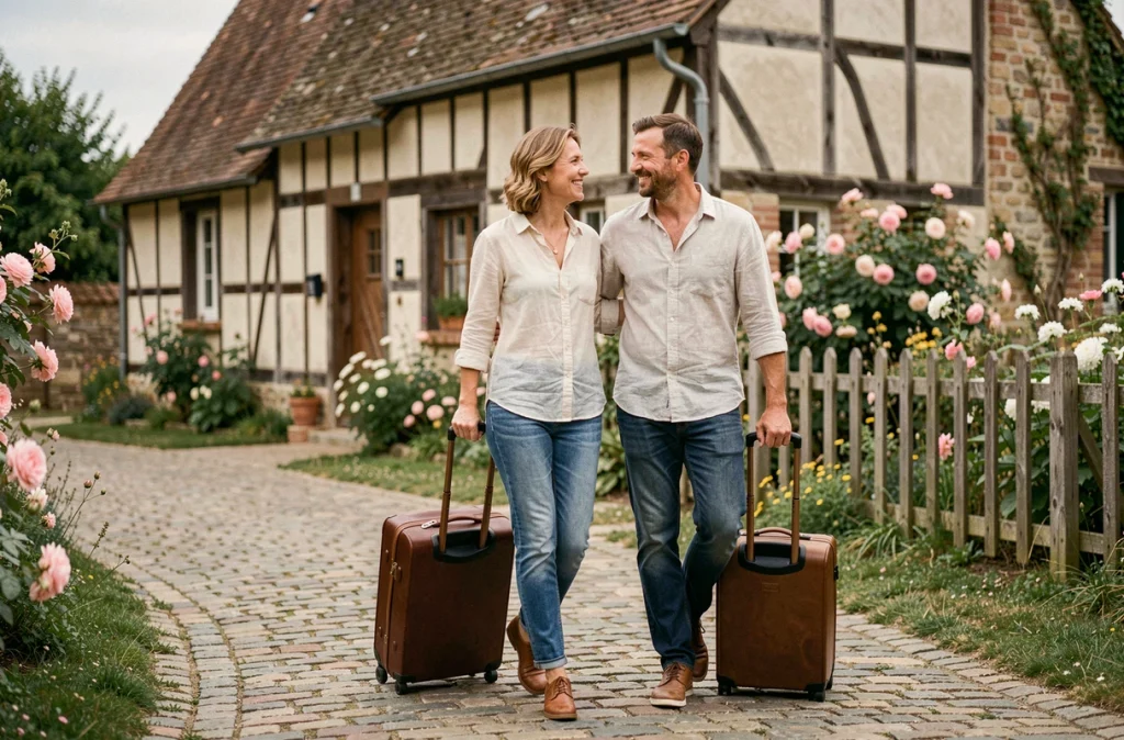 Couple arrivant dans un cottage normand en location saisonnière à la campagne, tourisme rural en France