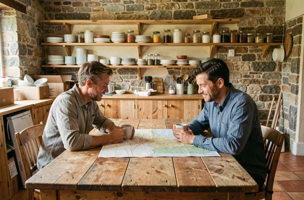 Couple buvant un café autour d'une carte dans une cuisine rustique en pierre après leur installation à la campagne