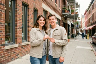 Jeune couple de primo-accédants devant un immeuble rénové dans un quartier en mutation urbaine