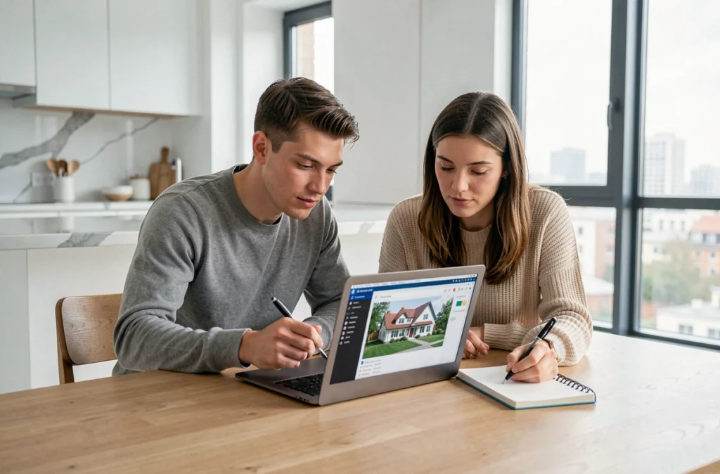Jeune couple étudiant les frais de notaire sur ordinateur pour préparer leur achat immobilier