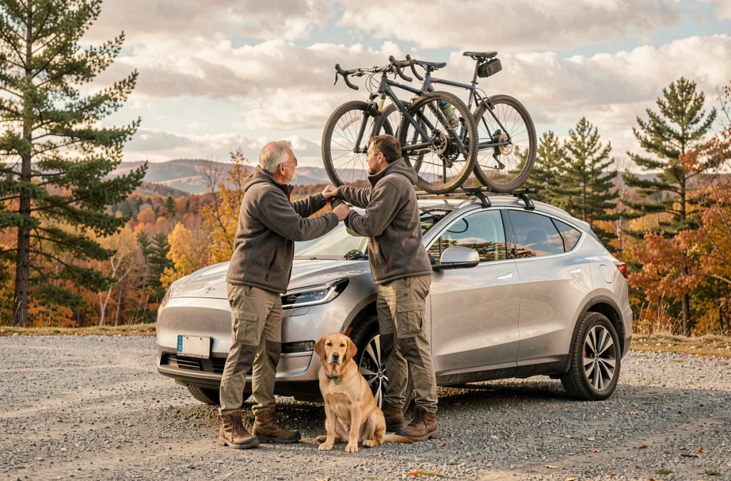 Un couple de cyclistes charge des vélos sur le toit de son SUV électrique argenté dans un parking au bord d'une forêt automnale